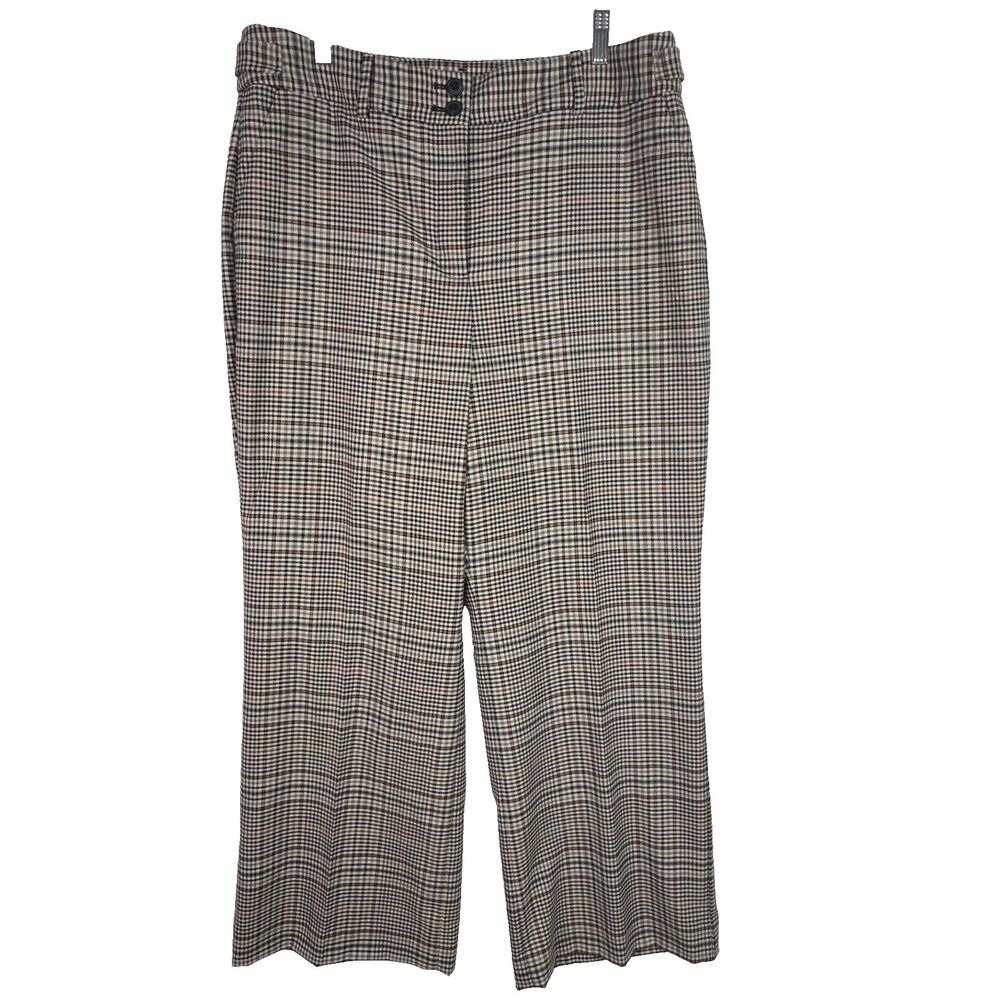 Talbots Curvy Wide Leg Pants Womens 16 Wool Blend Plaid Brown Ivory Lined Career